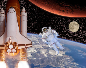 Rocket flies from earth to Mars. Astronaut and moon in the distance. The elements of this image...