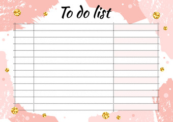 Creative to do list with gold glitter sparkles on pink brushstroke background. Stylish fashion organizer and schedule. Planner template for print, wedding, school. Vector illustration.