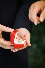 Man's hand going to take wedding ring from red box