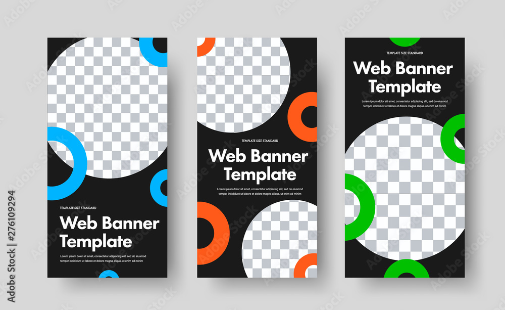 Poster Design of black vector vertical web banners with place for photo and color round elements.