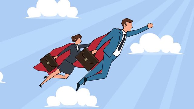 Flat cartoon businesswoman and businessman characters flying superhero team concept animation