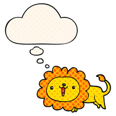 cute cartoon lion and thought bubble in comic book style