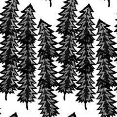 Obraz premium Mystical forest a lot of openwork unusual Christmas trees seamless pattern