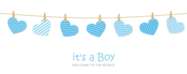 Fototapeta its a boy welcome greeting card for childbirth with hanging hearts vector illustration EPS10 obraz