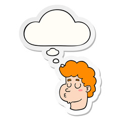 cartoon male face and thought bubble as a printed sticker