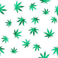 Сannabis leaves - cute funny cartoon seamless pattern in green shades. The inscription for banners, posters and prints on clothing (T-shirts).
