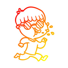warm gradient line drawing cartoon boy wearing spectacles and running