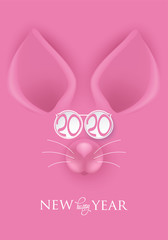 New year 2020 poster with mouse's face. Vector illustration