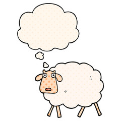 cartoon sheep and thought bubble in comic book style