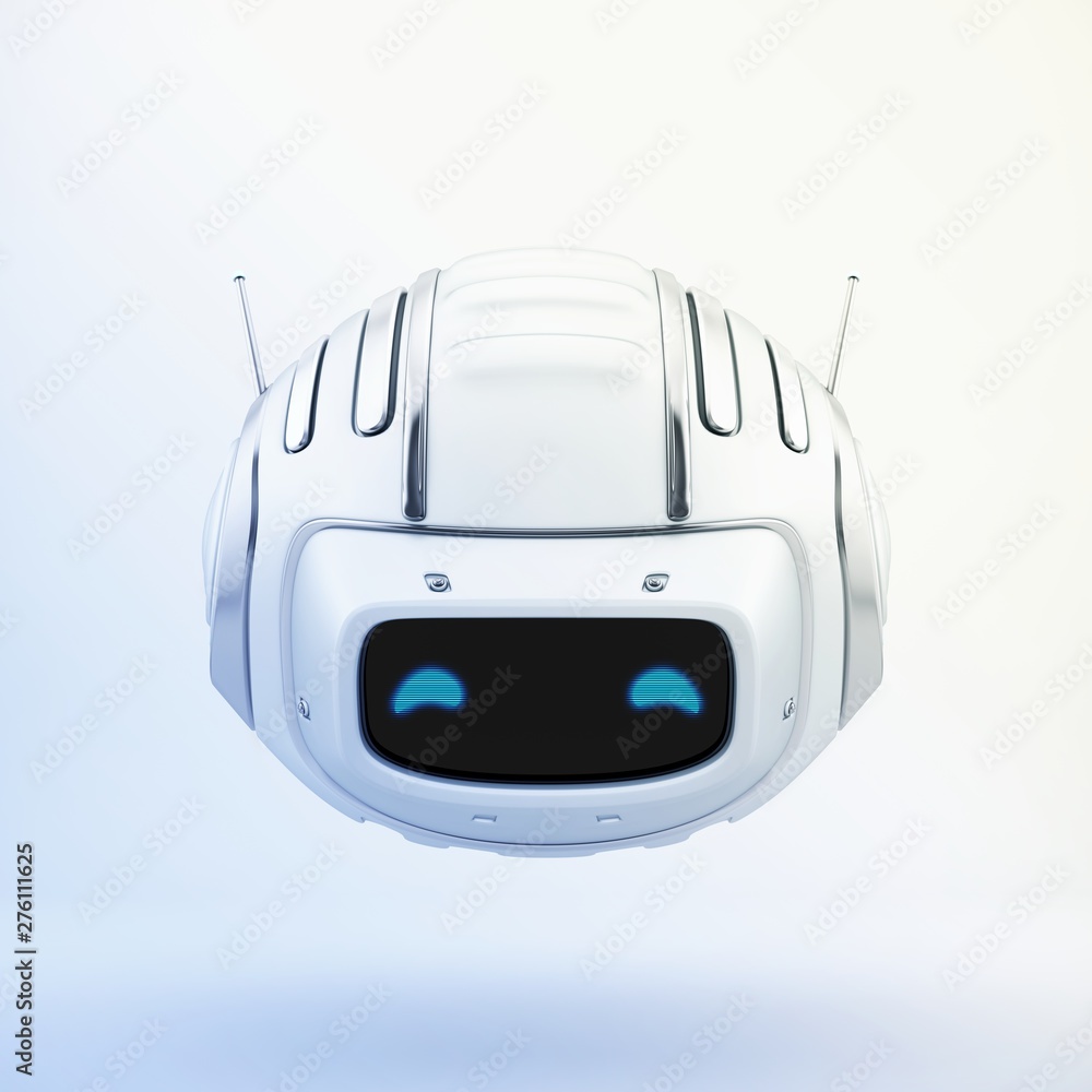 Poster aerial robotic character with big digital face and eyes, 3d rendering