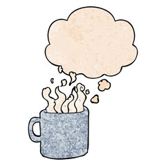 cartoon hot cup of coffee and thought bubble in grunge texture pattern style