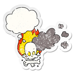 cartoon spooky burning bones and thought bubble as a distressed worn sticker