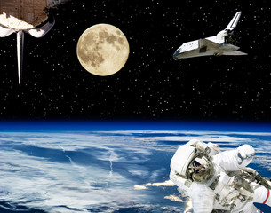 Astronaut, spaceships and moon. Earth on the backdrop. The elements of this image furnished by NASA.