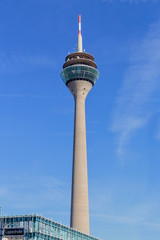 Naklejka premium Sunset view on the Rheinturm in Düsseldorf