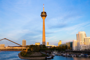 Sunset view on the Rheinturm in Düsseldorf