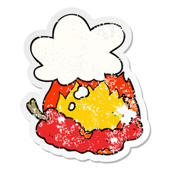 cartoon hot chili pepper and thought bubble as a distressed worn sticker