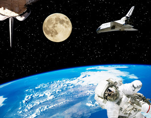 Astronaut, spaceships and moon. Earth on the backdrop. The elements of this image furnished by NASA.