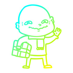 cold gradient line drawing cartoon nervous man with xmas present