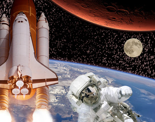 Rocket flies from earth to Mars. Astronaut in front and moon in the distance. The elements of this...