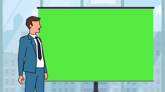 Flat cartoon businessman character speaker near green board explain business concept animation with alpha matte