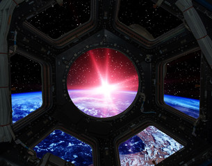 Sunrise, view from spaceship. Elements of this image furnished by NASA.