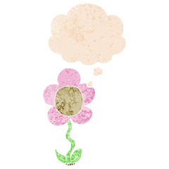 cartoon flower and thought bubble in retro textured style