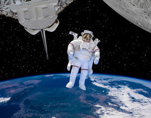 Astronaut, earth and planet with craters like moon. The elements of this image furnished by NASA.