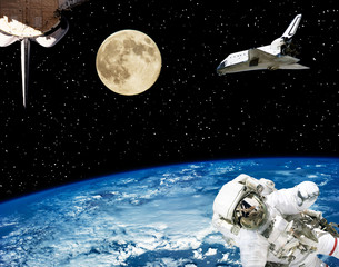 Astronaut, spaceships and moon. Earth on the backdrop. The elements of this image furnished by NASA.