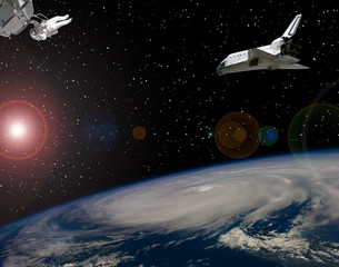 Astronaut and spaceships. Lens flare. The elements of this image furnished by NASA.