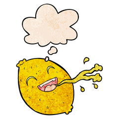 cartoon squirting lemon and thought bubble in grunge texture pattern style