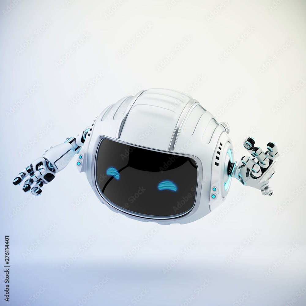 Poster aerial robotic character with big digital face and eyes, 3d rendering