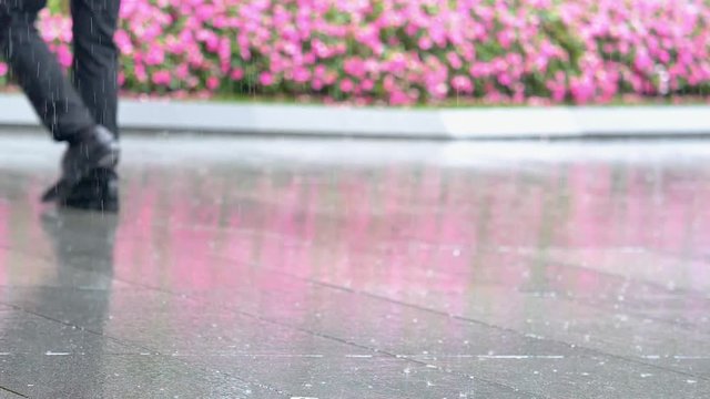 Rain water drops falling into puddle on asphalt, flooding the street. Road floods due to the heavy rain in wet season, super slow motion, heavy rain fall background, people walking in rain.