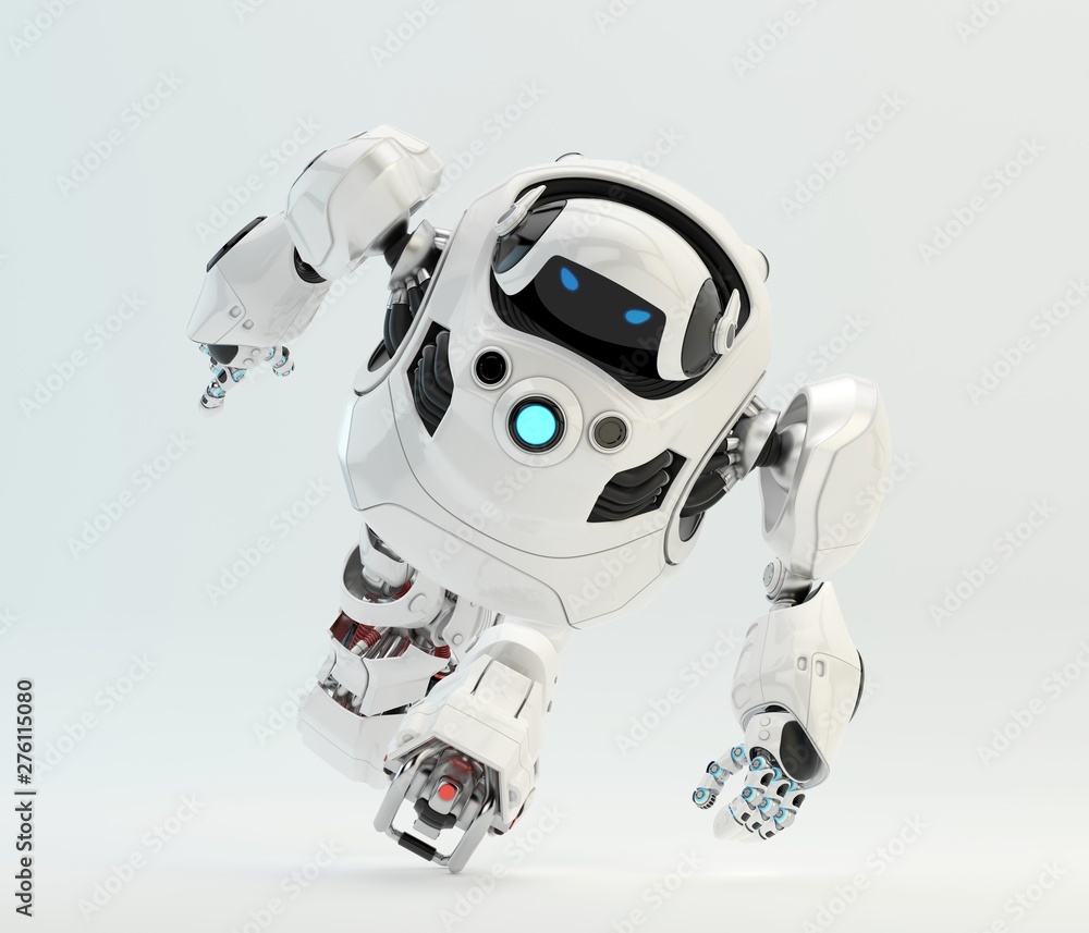 Poster white turtle robot running / strong robotic turtle with glowing circle moving