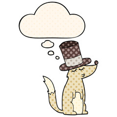 cartoon wolf whistling wearing top hat and thought bubble in comic book style