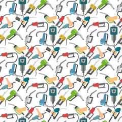 Filling gasoline station pistol in people hands refinery industry refueling petroleum tank service tool seamless pattern background vector illustration