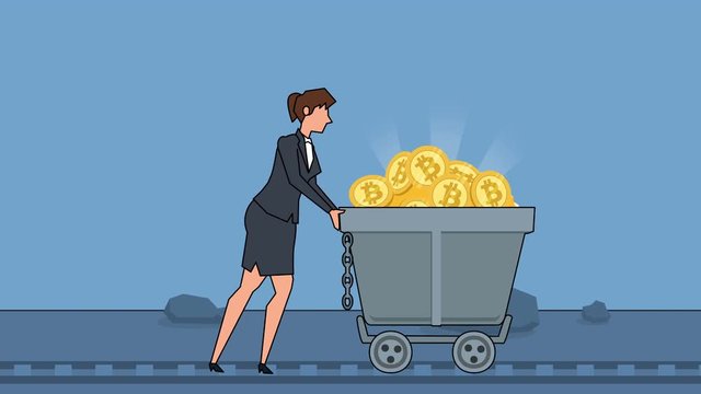 Flat cartoon businesswoman character pushing miners wagon barrow with gold bitcoin coins business concept animation