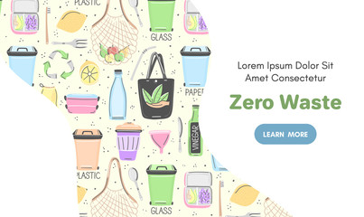 Vector background with zero waste objects. Hand drawn flat style. Eco lifestyle. Save planet. Care of nature. Online store. Landing page te mplate, mailing, advertising, header, banner, label. Eps10