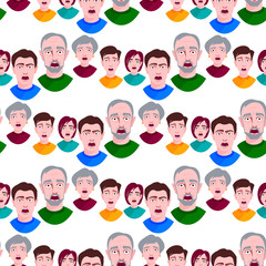 People horror faces vector extremely surprised young shock portrait frightened character emotions afraid expression person with open mouth illustration seamless pattern background.