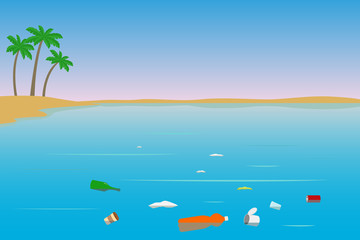 Fototapeta na wymiar Floating plastic garbage in lake. Water pollution. Vector illustration.
