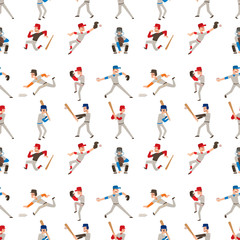 Fototapeta na wymiar Baseball team player vector sport man in uniform game poses situation professional league sporty character winner seamless pattern background illustration.