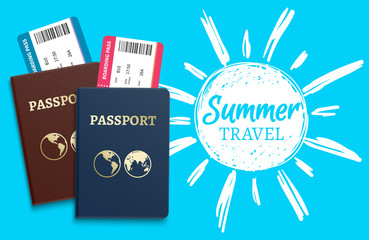 Summer travel vector background with sketch sun and realistic passports. Illustration of passport for tourism, vacation and holiday, journey ticket