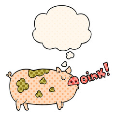 cartoon oinking pig and thought bubble in comic book style