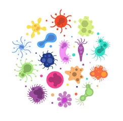 Fotobehang Bacteria germ. Pandemic viruses biological, allergy microbes bacteria epidemiology. Infection germs flu diseases vector colorful cells. Amoeba flu, cell illness infection illustration © MicroOne