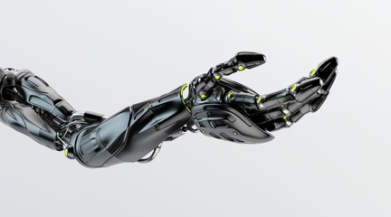 Black artificial futuristic robotic arm with asking gesture, 3d render / Robotic arm stretched