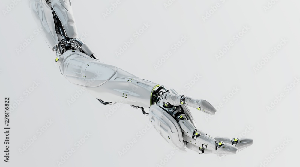 Poster artificial futuristic robotic arm with asking gesture, 3d render / robotic arm stretched