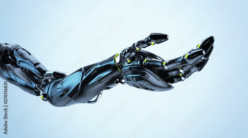 Poster black artificial futuristic robotic arm with asking gesture, 3d render / robotic arm stretched