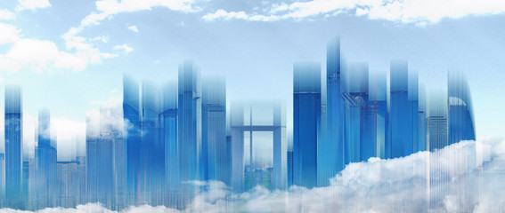 Abstract modern building skyline in the city with blue sky and white clouds. Abstract city...