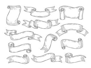 Doodle ribbons. Sketch banner ribbon engraved old labels blank message flag hand drawn banners isolated vintage design vector elements. Illustration of ribbon scroll blank for message