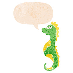 cartoon sea horse and speech bubble in retro textured style