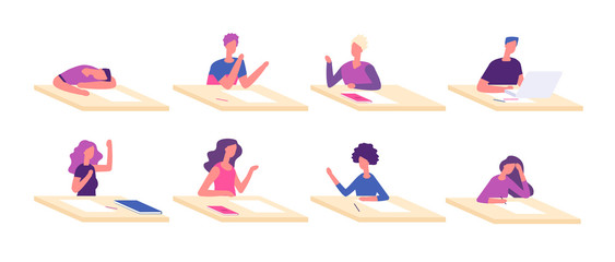 Student at desks. Students learning sitting desk pupils children studying at tables school test college lesson vector characters. Student character boy and girl, pupil teenage education illustration